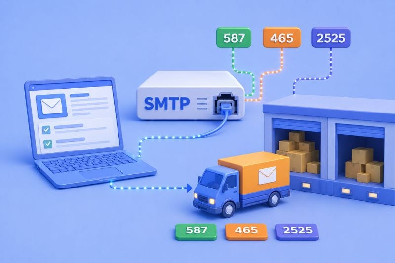 SMTP server illustration showing how ports 587, 465, and 2525 route outgoing emails from applications to mail servers