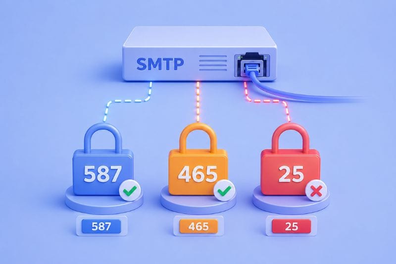 SMTP port comparison highlighting ports 587 and 465 as secure options and port 25 as unsuitable for authenticated email sending