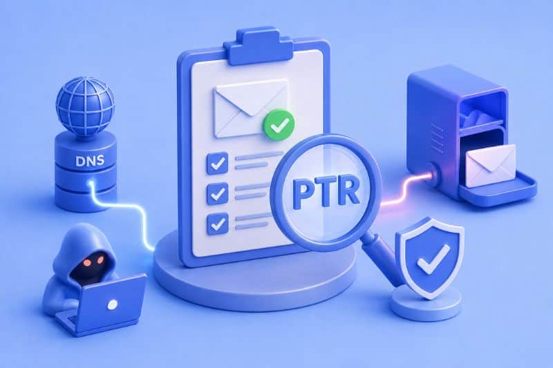 3D illustration showing a DNS server, clipboard with email icons, magnifying glass labeled “PTR,” a shield with SPF checkmark for email authentication, and a hooded figure on a laptop, all in monochrome blue.