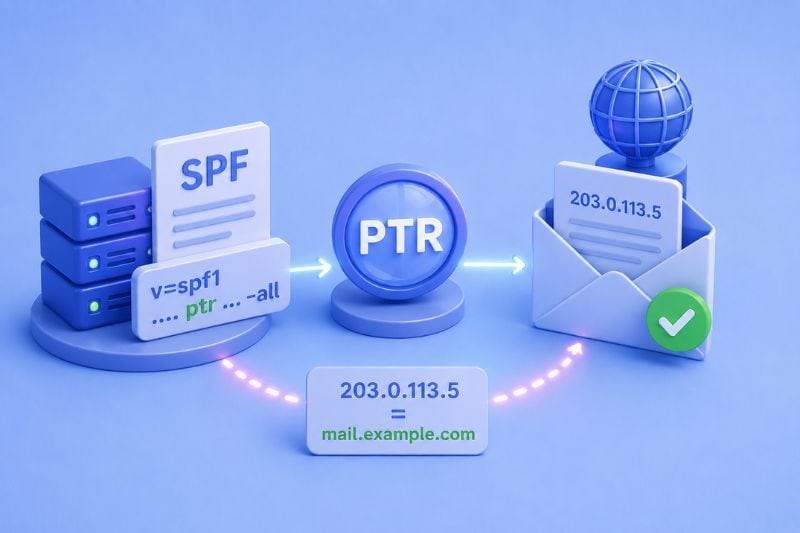 3D illustration showing SPF and PTR DNS records, mail server, email, and globe icons. Demonstrates email authentication with IP 203.0.113.5 linked to mail.example.com and a green checkmark for verification.