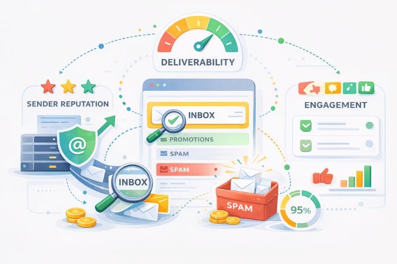 Illustration showing email deliverability concepts in email marketing with icons for inbox, spam, sender reputation, engagement, promotions, spam filter, and performance meters for long-term growth.