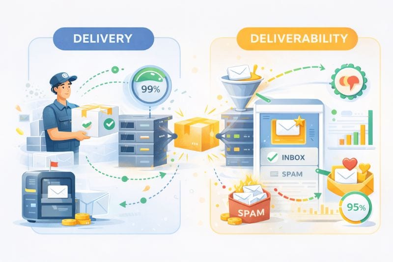 A ilustração compara a entrega de e-mail (transportadora de correio, taxa de 99%) com a capacidade de entrega de e-mail (filtros, caixa de entrada vs. spam, gráficos). Destaca como um forte marketing por e-mail melhora o crescimento a longo prazo ao aumentar o posicionamento na caixa de entrada e as taxas gerais de sucesso.