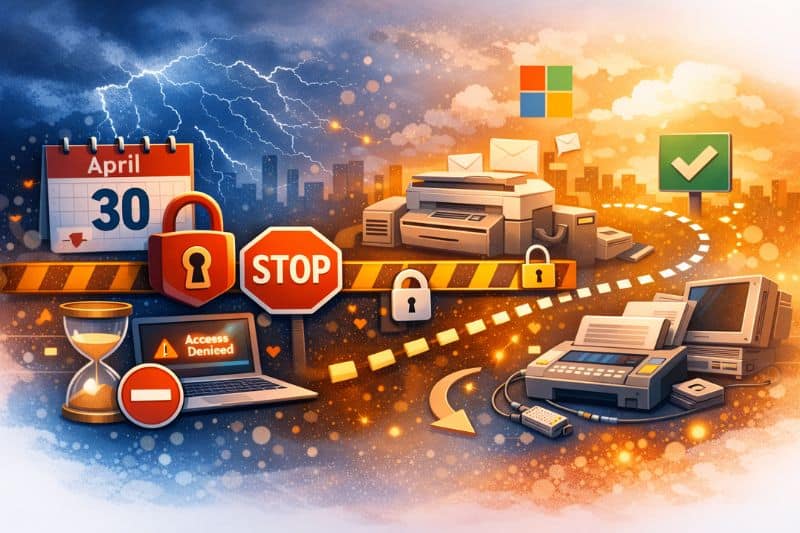Illustration of a road with security icons, computers, a printer, email symbols, an April 30 calendar for April 2026, and stormy clouds, depicting digital security, access issues, and challenges in email deliverability.