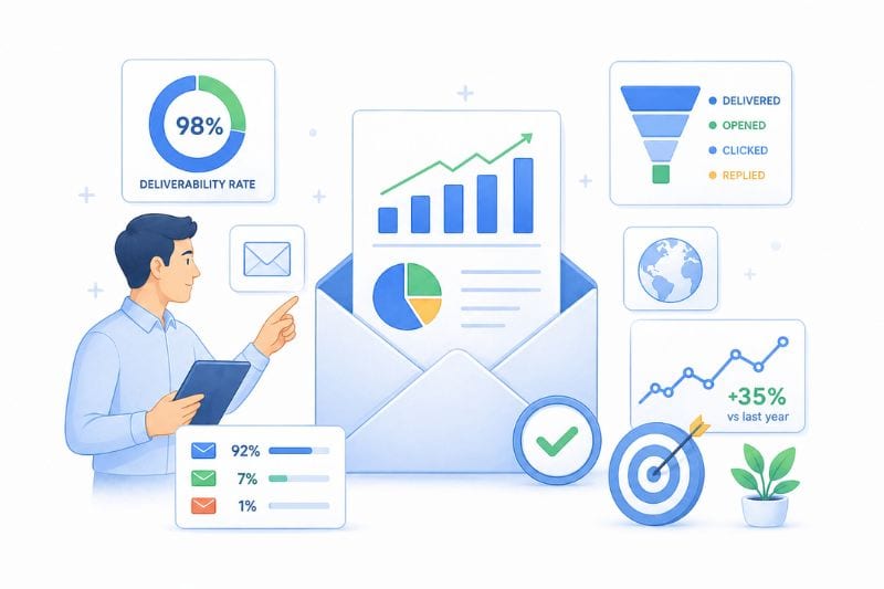 Illustration of a person analyzing email statistics, including graphs, charts, deliverability rate, and performance metrics like open rates and click-through rates compared to industry email benchmarks.