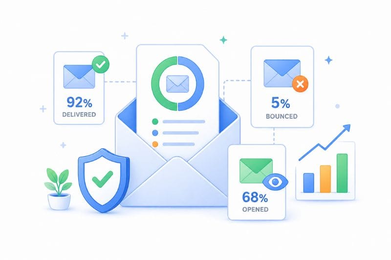 Illustration of email statistics and email deliverability: 92% delivered, 68% opened, 5% bounced. Features icons for emails, charts, a shield, and a plant to showcase strong email campaign performance and benchmarks.