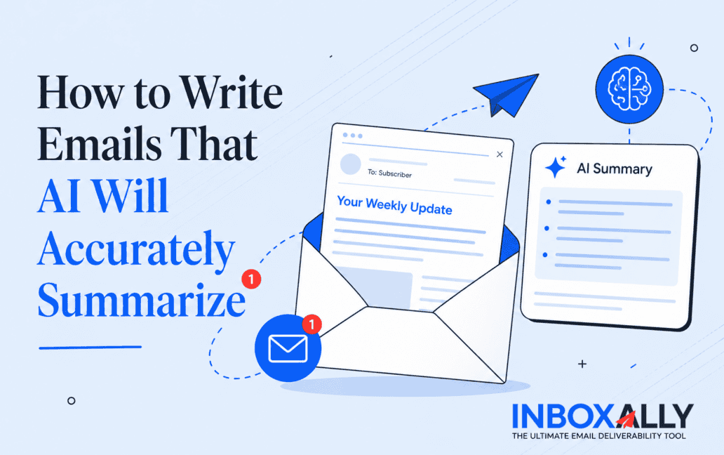Illustration of an open envelope with a weekly update email, AI summaries, and icons representing email notifications, featuring the title "How to Write Emails That AI Will Accurately Summarize.