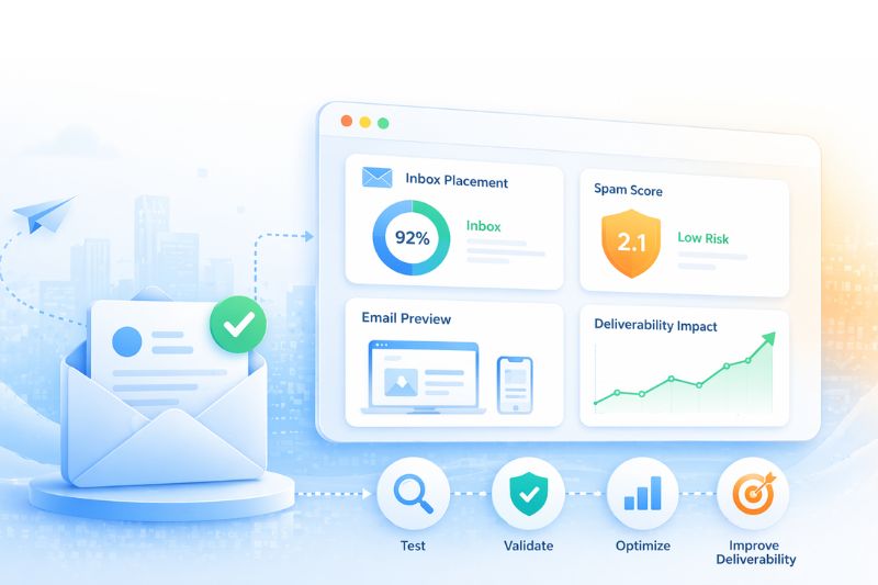 Email marketing analytics dashboard showing inbox placement, spam score, email preview, deliverability impact chart, and workflow steps: test, validate, optimize, improve email deliverability. Bust common email myths with actionable insights.