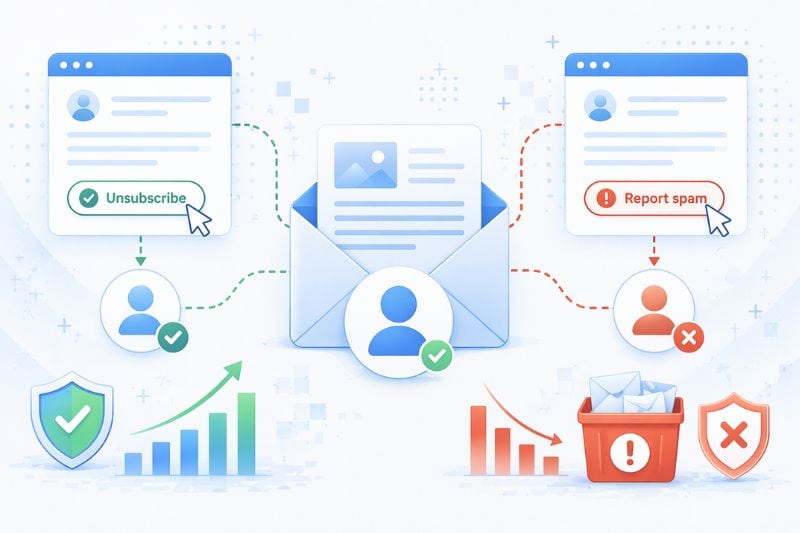 Illustration showing options to unsubscribe or report spam from emails, with icons for security, data analytics, and email management—helping marketers debunk email myths and improve email deliverability.