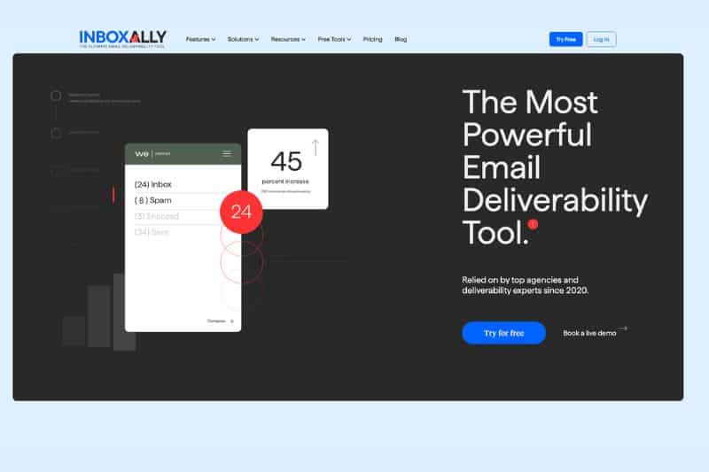 Captura de tela da página inicial do InboxAlly com um título sobre a capacidade de entrega de e-mails B2B, um gráfico mostrando estatísticas da caixa de entrada e links de navegação na parte superior.