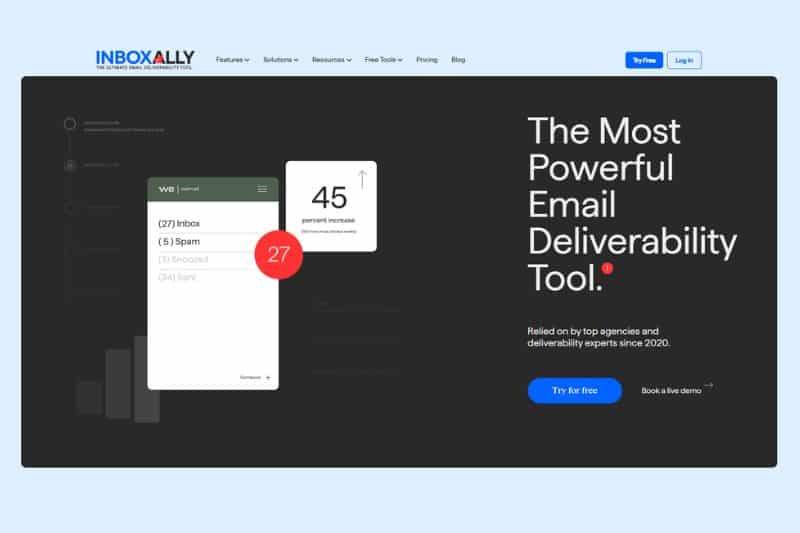 InboxAlly homepage displaying headline "The Most Powerful Email Deliverability Tool" with email statistics and options to try for free or book a live demo—perfect for B2B companies seeking advanced email solutions.