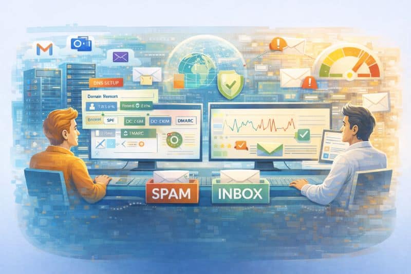 Two people at desks monitor managed email deliverability services dashboards, analyzing messages marked as spam or inbox, with digital charts and email icons in the background for effective B2B communication.