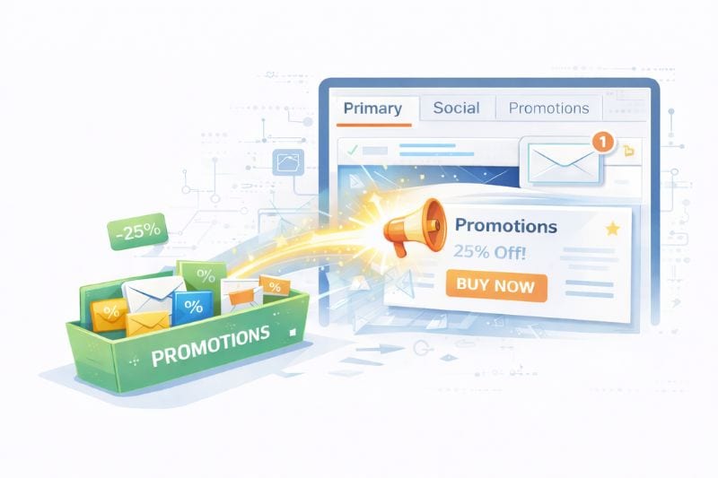 Illustration of promotional emails being filtered into a "Promotions" inbox tab, highlighting the impact on email deliverability, with a message showing a 25% off offer and a "Buy Now" button.