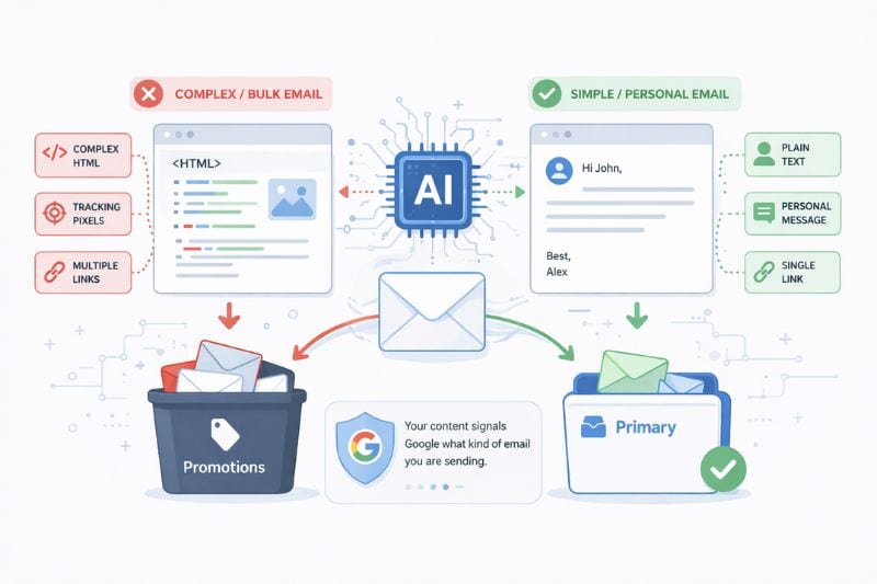 Infographic showing how AI boosts email deliverability by sorting promotional emails into Promotions and simple personal ones into the primary tab, based on features like HTML, tracking pixels, and personalization.