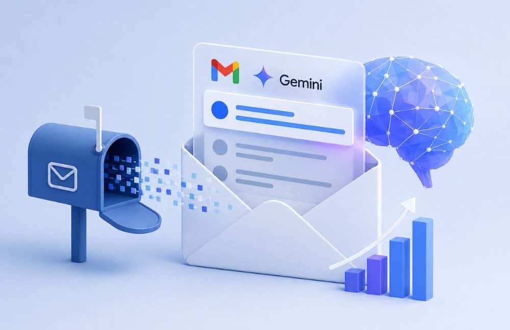 3D illustration of a mailbox sending digital mail to an envelope displaying Gmail and Gemini logos, with a brain, rising bar graph, and May 2026 Email Deliverability trends shaping the future of the AI Inbox in the background.