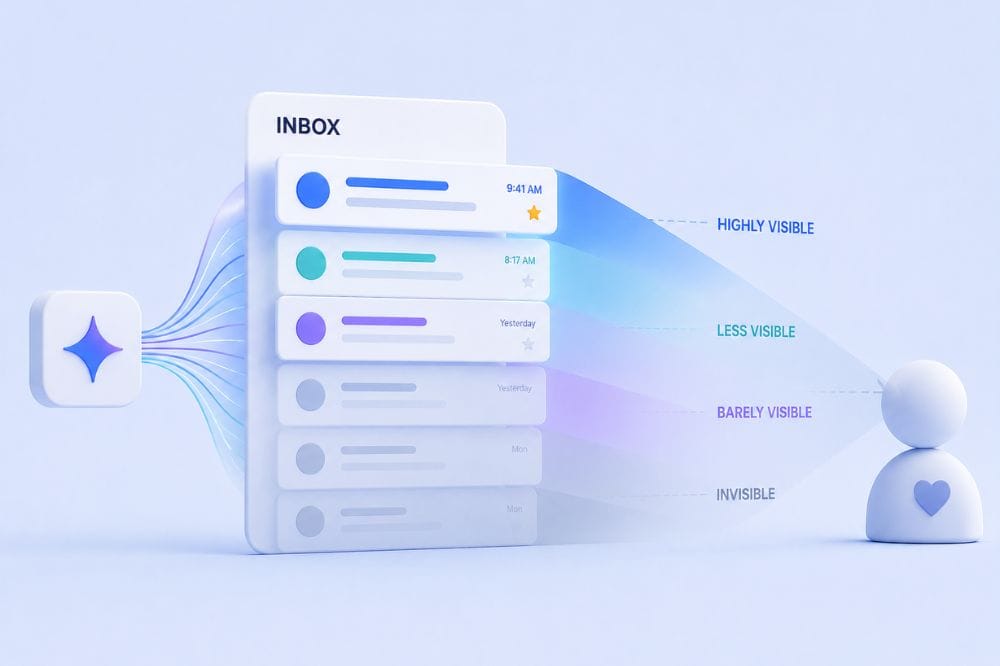 Illustration of an email inbox with messages—ranging from highly visible to invisible—directed towards a person icon, highlighting Email Deliverability in the AI Inbox.