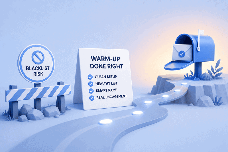 3D illustration showing a blocked path labeled "Blacklist Risk" and a clear path with a sign reading “Warm-Up Done Right” leading to a mailbox with an envelope inside, symbolizing how proper email warm-up helps avoid blacklisting.