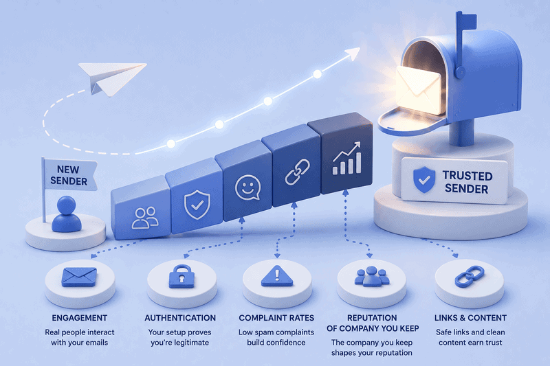 3D illustration showing steps for a new email sender to become a trusted sender, including engagement, authentication, complaint rates, reputation, links & content to avoid blacklist issues through proper email warm-up.
