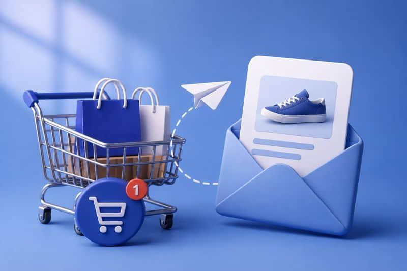 A shopping cart with bags and a notification icon sits beside an envelope displaying a sneaker, against a blue background—hinting at online shopping and remarketing email flow to bring people back to purchase.