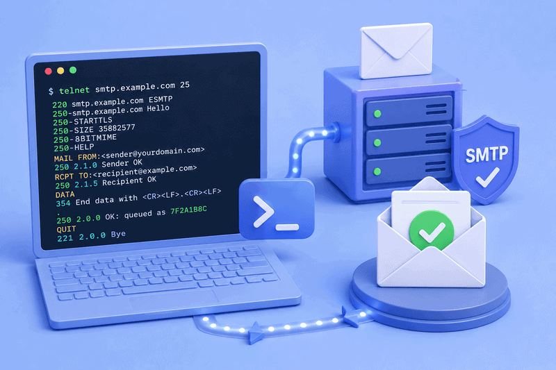 Illustration of a laptop displaying SMTP commands, connected to a mail server and email icons, representing email transmission and server communication through a Telnet SMTP test.