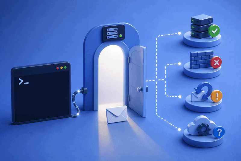 3D illustration of a computer terminal, an open door with light, and diagrams showing connections to servers, firewall, cloud, and configuration icons on a blue background—perfect for visualizing a Telnet SMTP test setup.