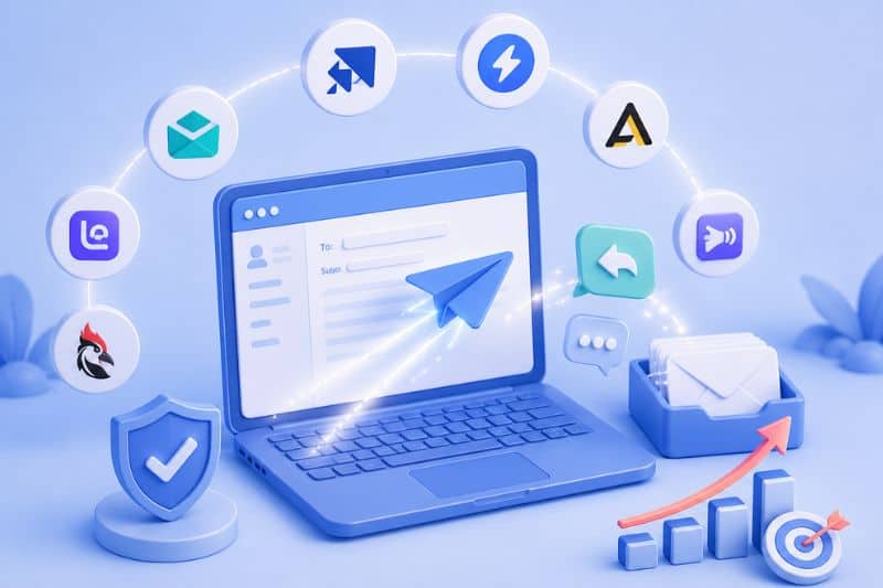 A 3D illustration of a laptop with email and marketing icons, representing digital communication, analytics, security, and how cold email software can help increase email replies—all set in a pastel blue color scheme.