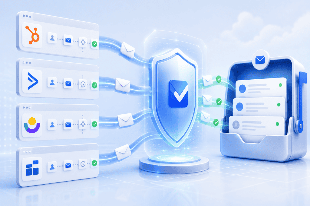 A digital illustration shows email icons from various platforms flowing through a secure shield, then into an organized inbox, representing email security, filtering, and the efficiency of email automation tools.