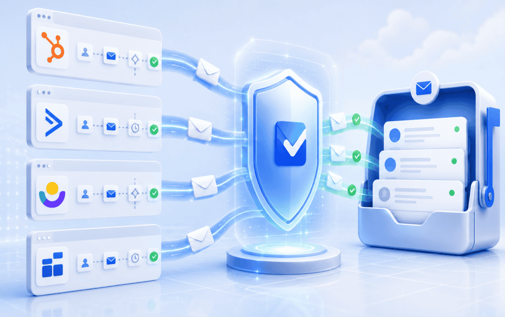 A digital illustration shows email icons from various platforms flowing through a secure shield, then into an organized inbox, representing email security, filtering, and the efficiency of email automation tools.