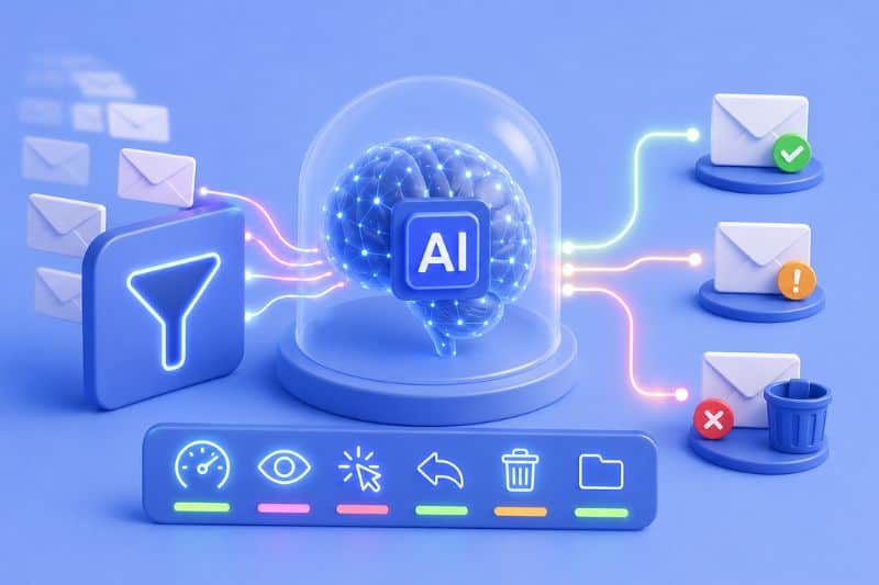 Illustration of AI-driven email filtering analyzing incoming messages to determine inbox placement, spam detection, and delivery outcomes.
