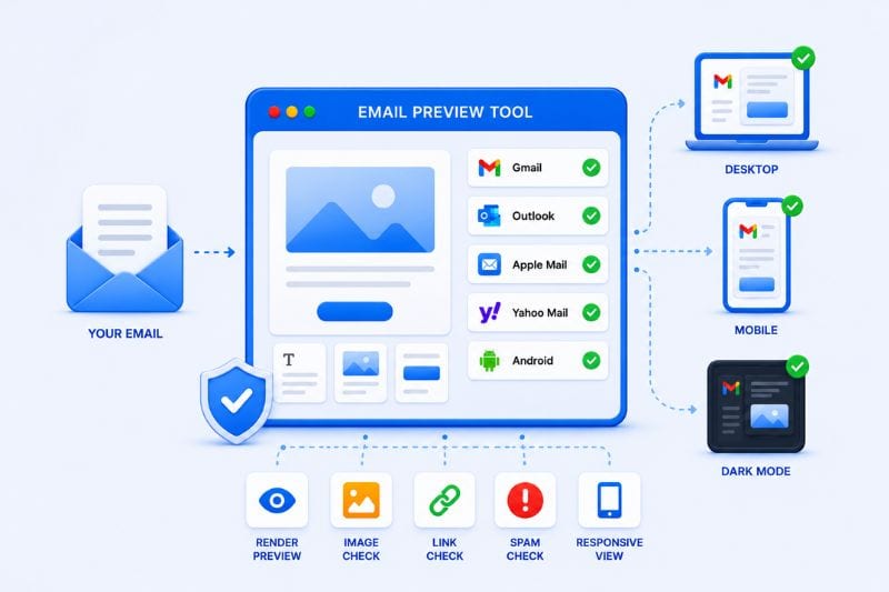 Diagram of an email preview tool highlighting cross-client testing and compatibility checks for Gmail, Outlook, Apple Mail, Yahoo Mail, and Android across desktop, mobile, and dark mode, with icons for various email testing features.