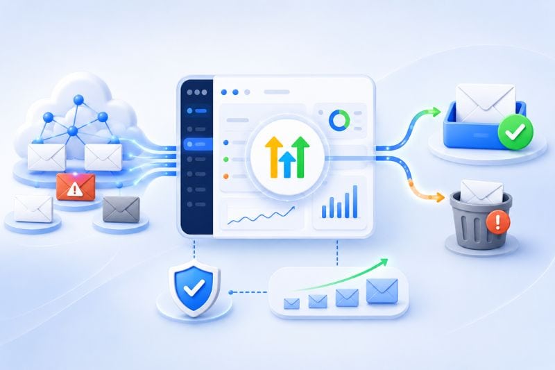 Illustration of an email filtering system sorting messages to the Inbox, trash, or spam, featuring icons for security, cloud storage, graphs, notifications, and highlighting GoHighLevel’s advanced Email Deliverability.