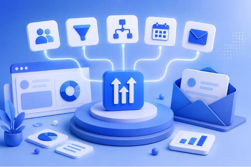 3D illustration of digital marketing icons, including inbox, calendar, funnel, and analytics, connected to a central icon with upward arrows, symbolizing business growth and technology integration for improved email deliverability.