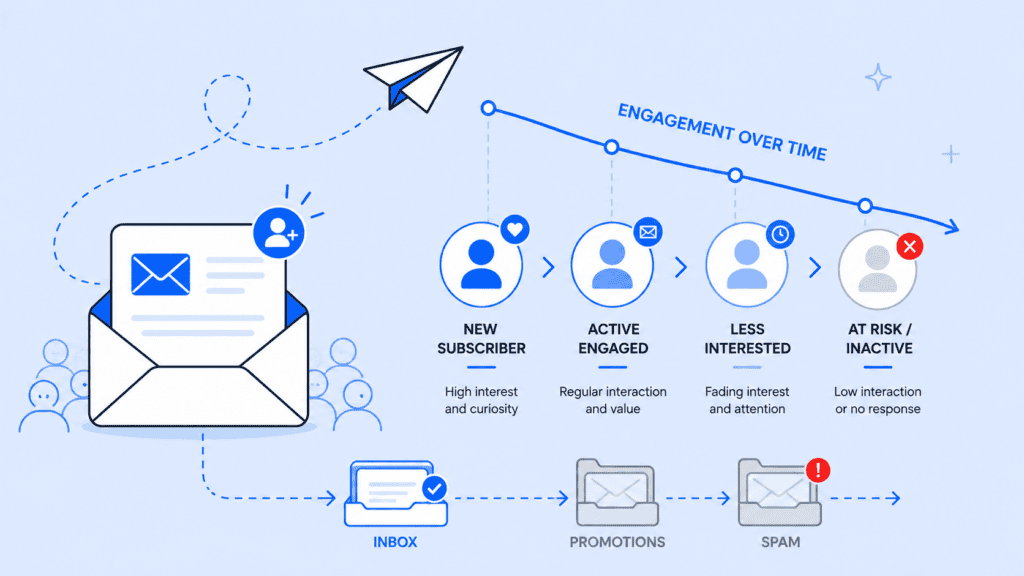 Diagram illustrating email list engagement stages over time, from new subscriber to at risk/inactive, with arrows indicating paths to inbox, promotions, or spam folders—essential for tracking effective email marketing.
