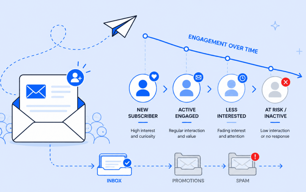 Diagram illustrating email list engagement stages over time, from new subscriber to at risk/inactive, with arrows indicating paths to inbox, promotions, or spam folders—essential for tracking effective email marketing.