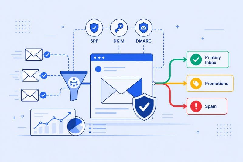 Diagram illustrating Email Deliverability Best Practices with email filtering via SPF, DKIM, and DMARC, visually sorting messages into Primary Inbox, Promotions, or Spam categories. Includes icons representing analytics and process flow.
