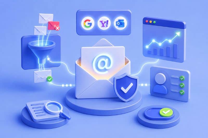 Illustration of email deliverability best practices, including authentication, inbox filtering, sender verification, and engagement monitoring