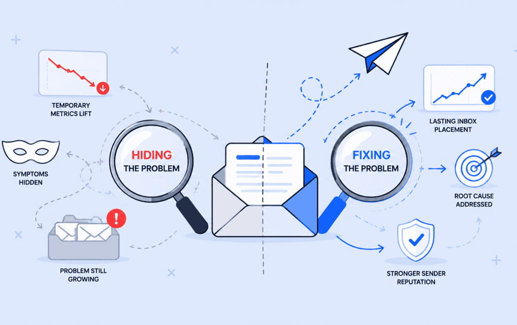 Infographic comparing "Fixing Your Email Deliverability or Just Hiding the Problem" in email delivery, highlighting negative short-term effects of masking issues versus lasting positive outcomes from genuine fixes.