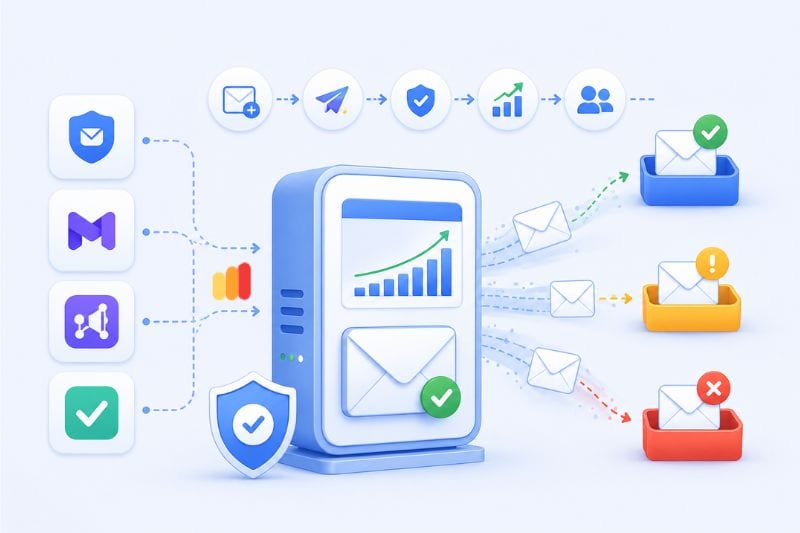 illustration of an email server highlighting optimized email deliverability as it sends emails as a compelling Warmy alternative.