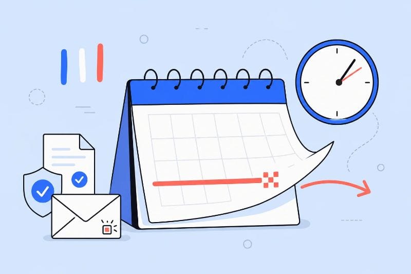 Calendar marking France's deadline for new email tracking pixel privacy requirements, with compliance and email symbols.