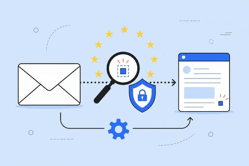 Illustration showing email tracking pixels being detected and protected under European privacy requirements