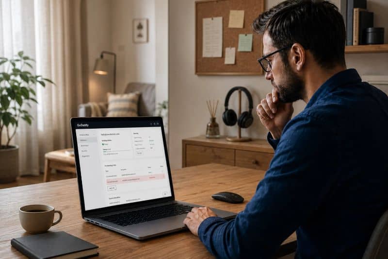 Illustration showing a man reviewing GoDaddy emails going to spam on his laptop.