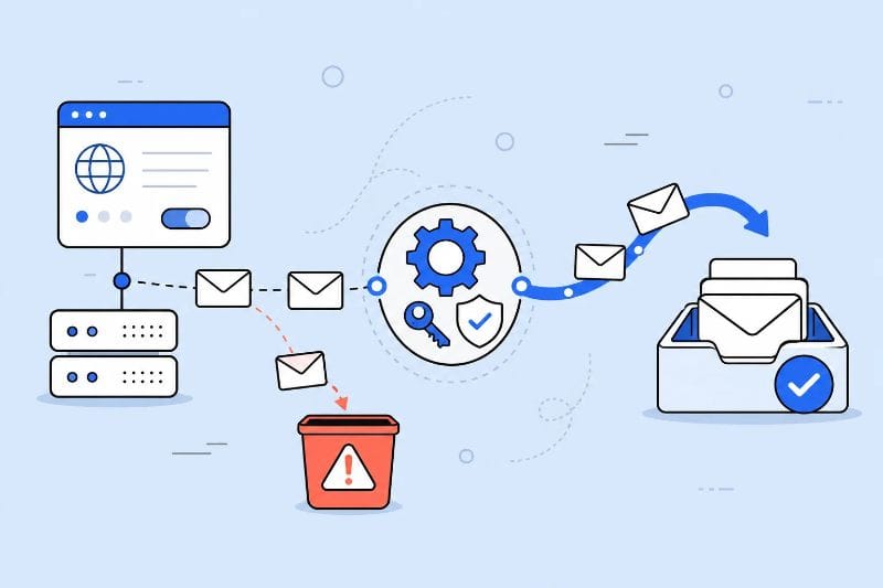 Illustration showing GoDaddy emails filtered between secure delivery and spam folders.