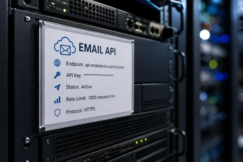 Email marketing API server showing endpoints, API key, active status, rate limits, and HTTPS protocol.