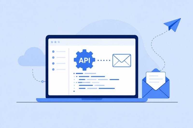 Illustration of an email marketing API connecting software with email delivery through endpoints