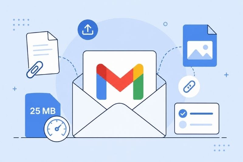 Illustration of an open envelope with a Gmail logo, surrounded by icons of documents, images, a 25 MB file highlighting the Gmail attachment size limit, an upload symbol, and attachment links.