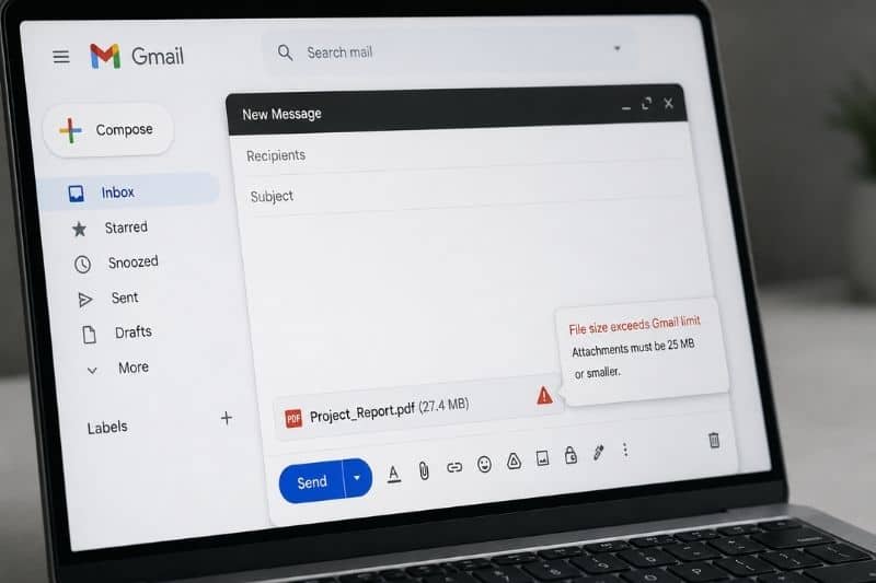 Gmail attachment size limit warning showing a 27.4 MB PDF exceeding the 25 MB sending limit.