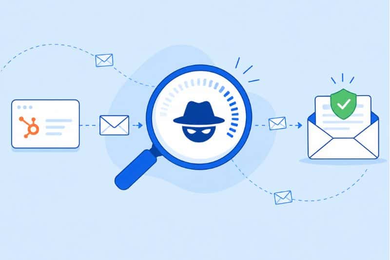 Illustration showing HubSpot email warm-up automation alongside manual domain warming and email engagement.