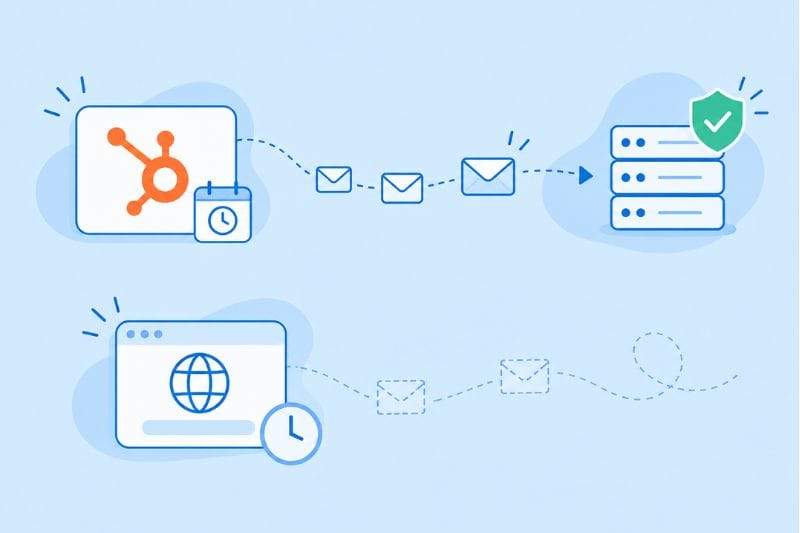 Diagram contrasting two paths: a HubSpot window with a clock sending envelopes along a dashed line into a secure server stack, and below it a browser window marked with a globe and a clock whose envelopes trail off without arriving.
