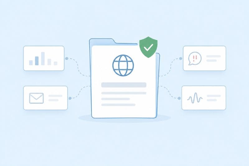 Illustration of a file folder holding a page marked with a globe, a green check-mark shield at its corner, and four cards linked to it by dashed lines showing a bar chart, an envelope, a speech bubble, and a line graph.