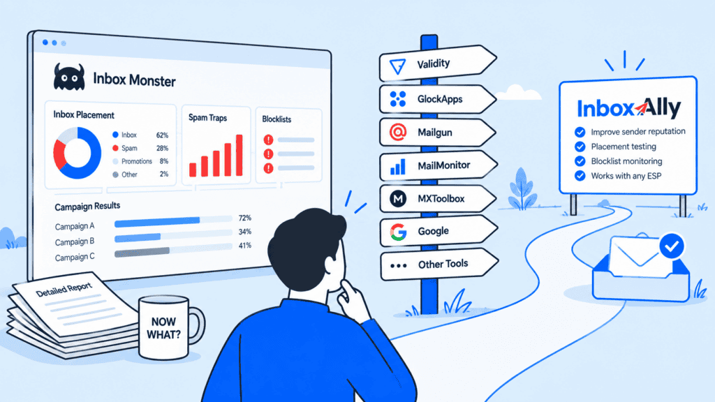 Illustration: a person looks at an Inbox Monster dashboard of placement, spam-trap and blocklist reports next to a mug reading "Now what?", while a signpost lists alternative tools and a path leads to an InboxAlly sign and an email landing in the inbox