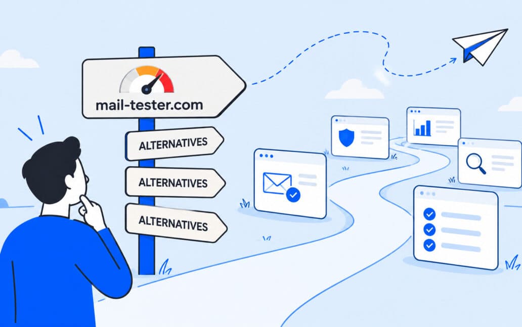 Illustration of a sender pausing at a signpost pointing from a spam-score gauge toward several alternative deliverability tools along a winding path